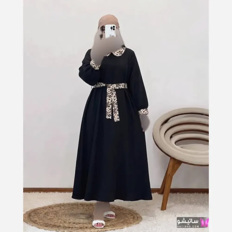 مانتو پیراهنی نوار پلنگی جنس لینزی خرجکار بوگاتی رنگ مشکی فری سایز