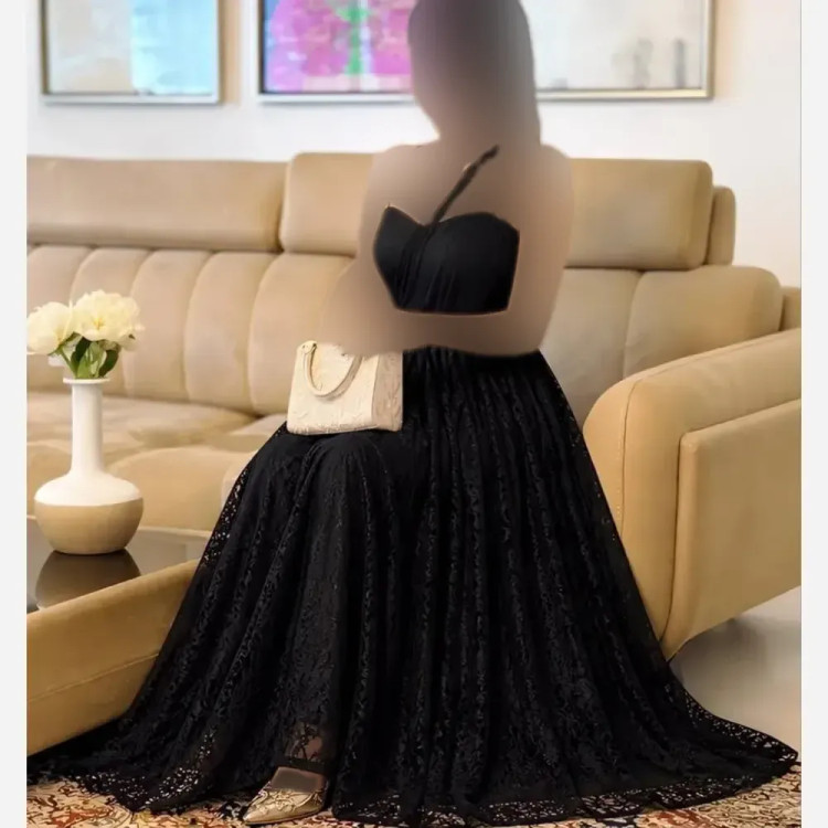 پیراهن مجلسی زنانه مشکی جنس دانتل برجسته و کرپ و سانول سایز بزرگ