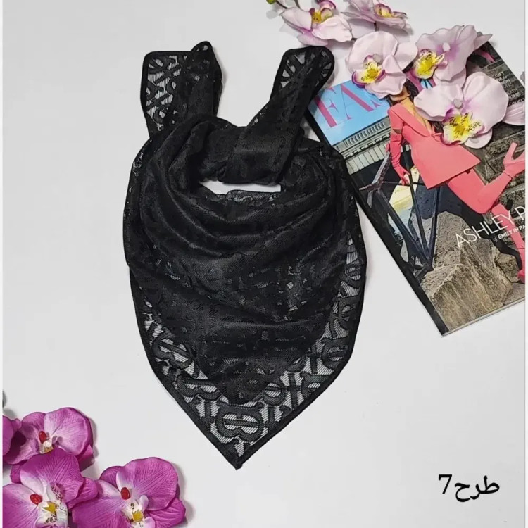 مینی اسکارف توری طرحدار مشکی ابعاد 70 در 70 جنس تور