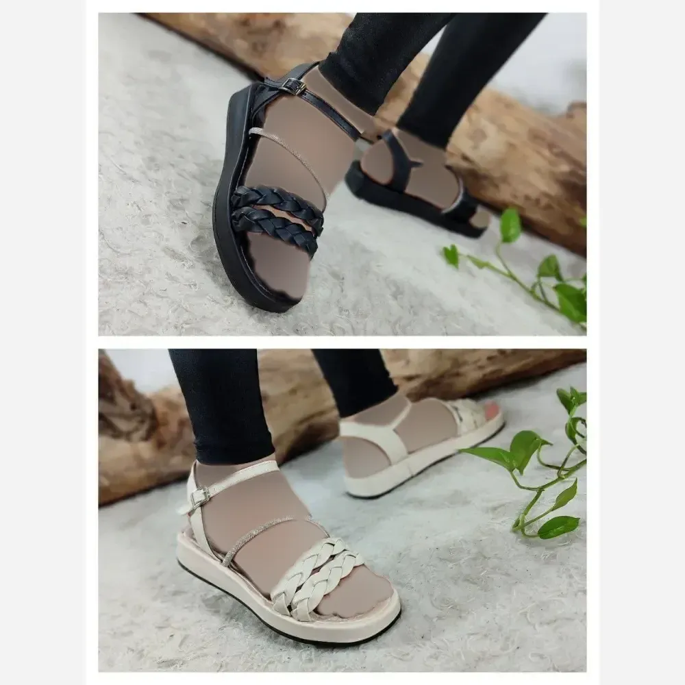 صندل طبی زنانه مدل دو گیس چرم صنعتی مشکی و کرمی