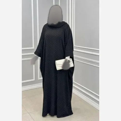 عبا زنانه فول نگین مدل نگار جنس الیزه رنگ مشکی سایز فری 38 تا 54