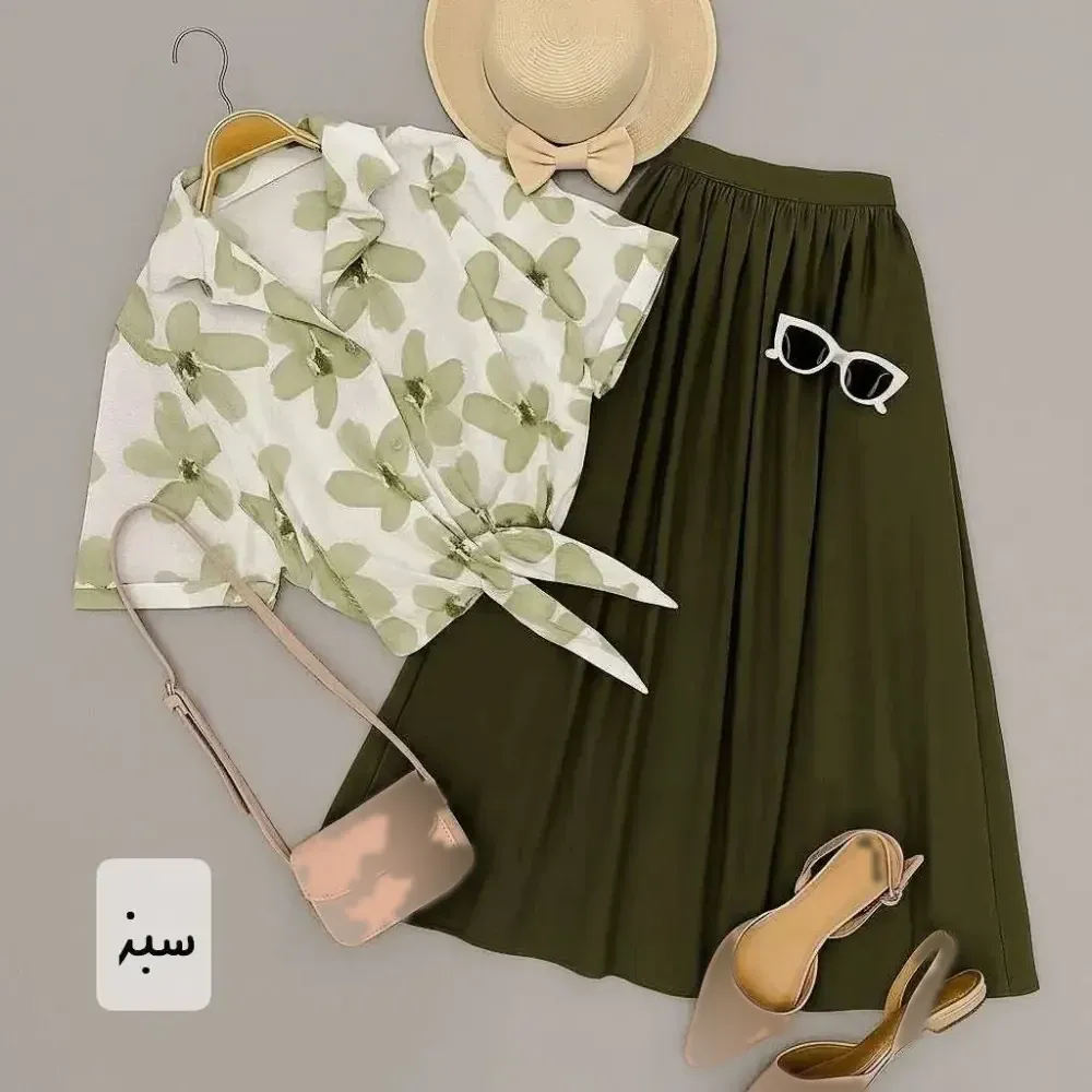 ست شومیز دامن رزگل جنس بوگاتی و لنین سایز 38 تا 46