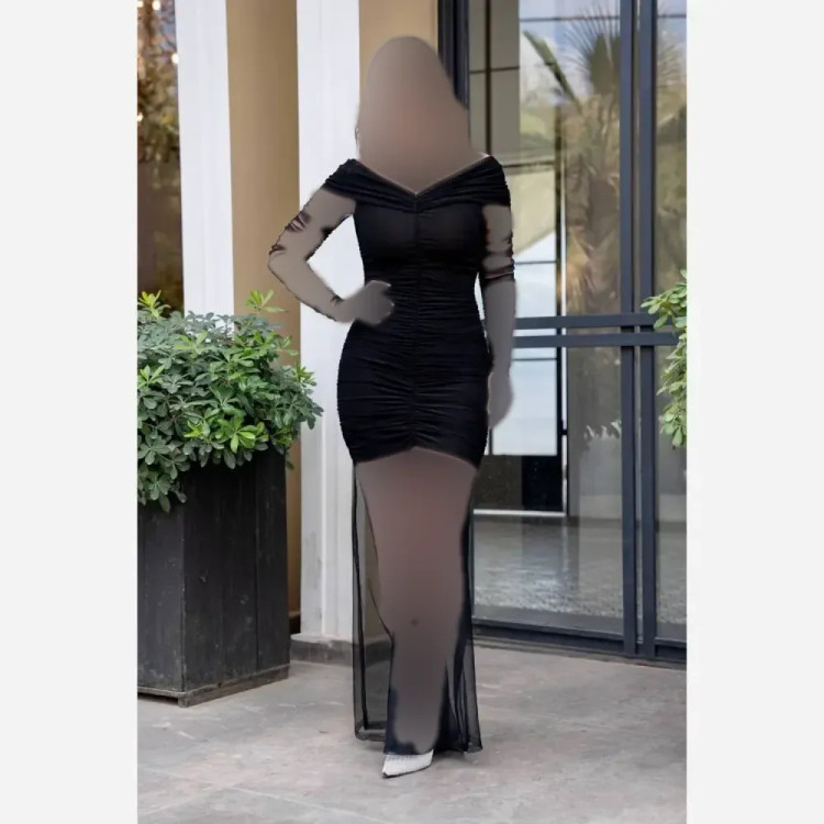 پیراهن مجلسی زنانه هاریکا جنس فلامنت و تور رنگ مشکی قد 150 سایز 36 تا 46