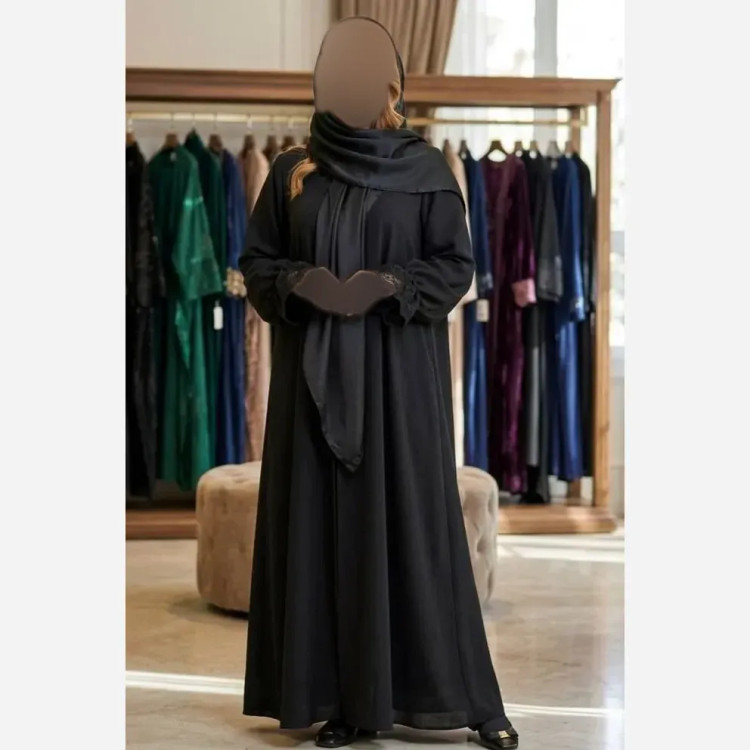 عبای ثریا مشکی جنس الیزه قد 140 دم مچ آستین گیپور
