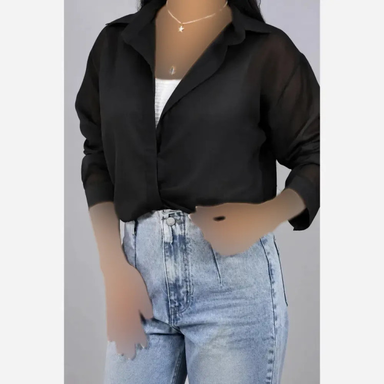 شومیز شیشه ای ساده کریشه درختی مشکی تابستانه فری سایز