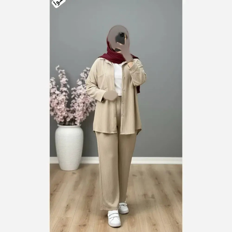 ست شومیز و شلوار زنانه جنس سوپر کراش درجه یک فری سایز رنگ نسکافه ای و کرم