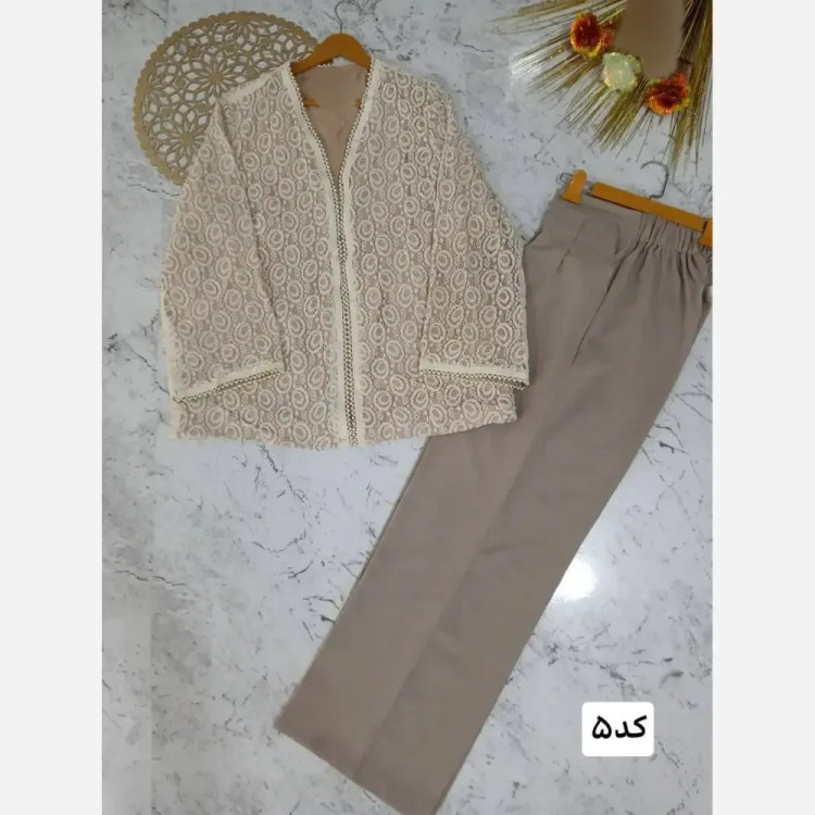 ست کت و شلوار مجلسی زنانه گیپور دانتل و مازراتی مدل گندم