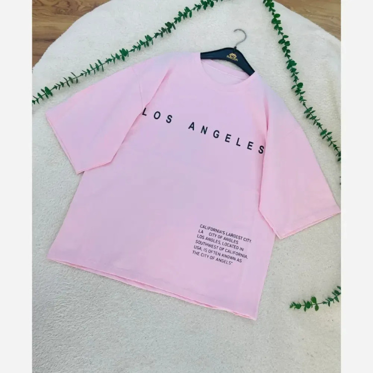 تیشرت باکسی زنانه مدل LOS ANGELES جنس سوپر پنبه رنگ صورتی و کرم سایز فری سایز