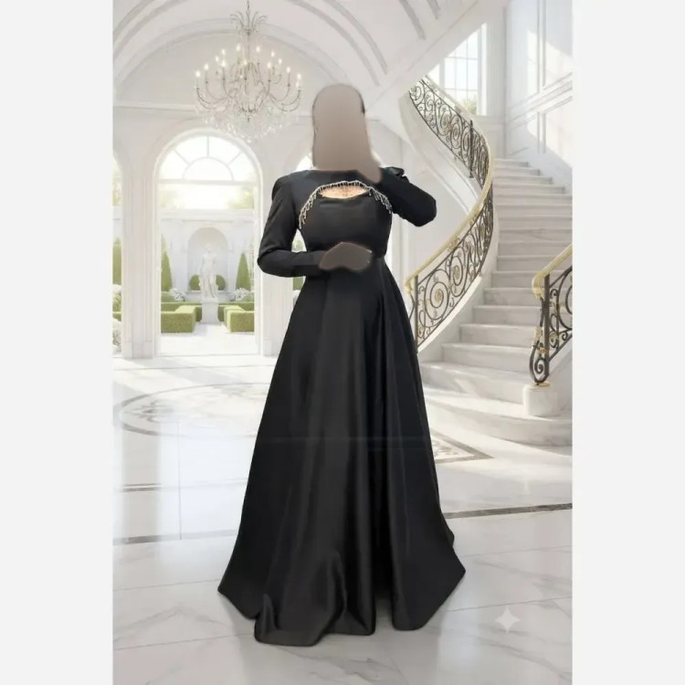 ماکسی زنانه ساتن آمریکایی قد 155 مشکی کمربنددار