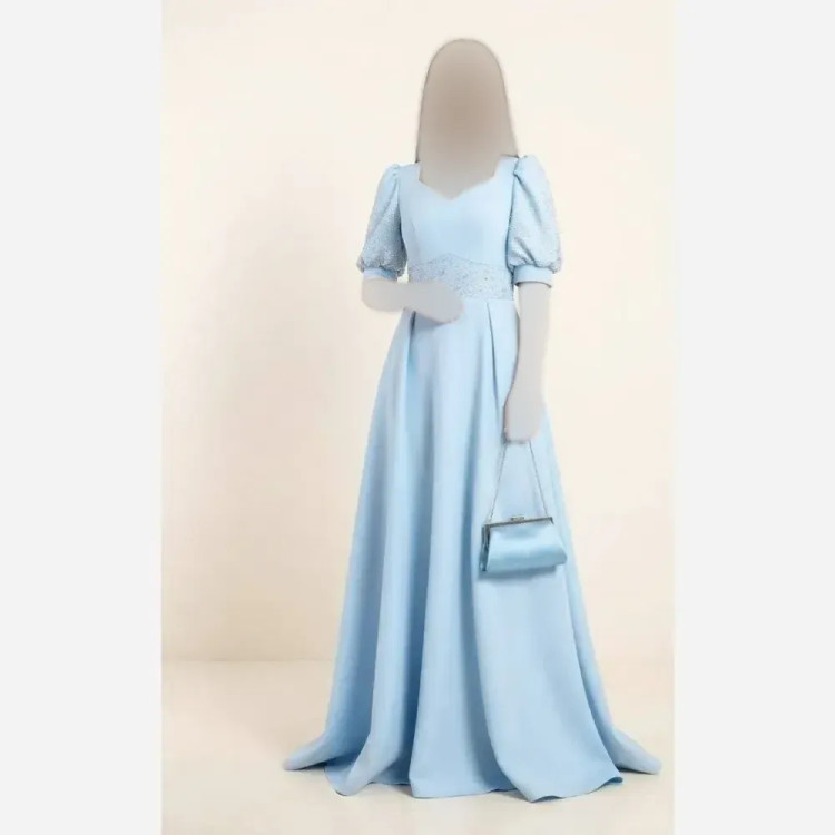 پیراهن ماکسی کرپ مازراتی نگین پرسی حرارتی زنانه سایزبندی 1 تا 4 رنگ مشکی کاهویی آسمانی