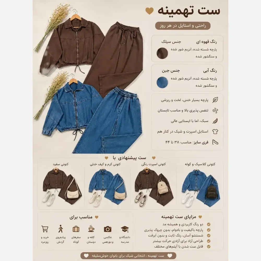 ست تهمینه سیلک و جین فری سایز قهوه ای آبی