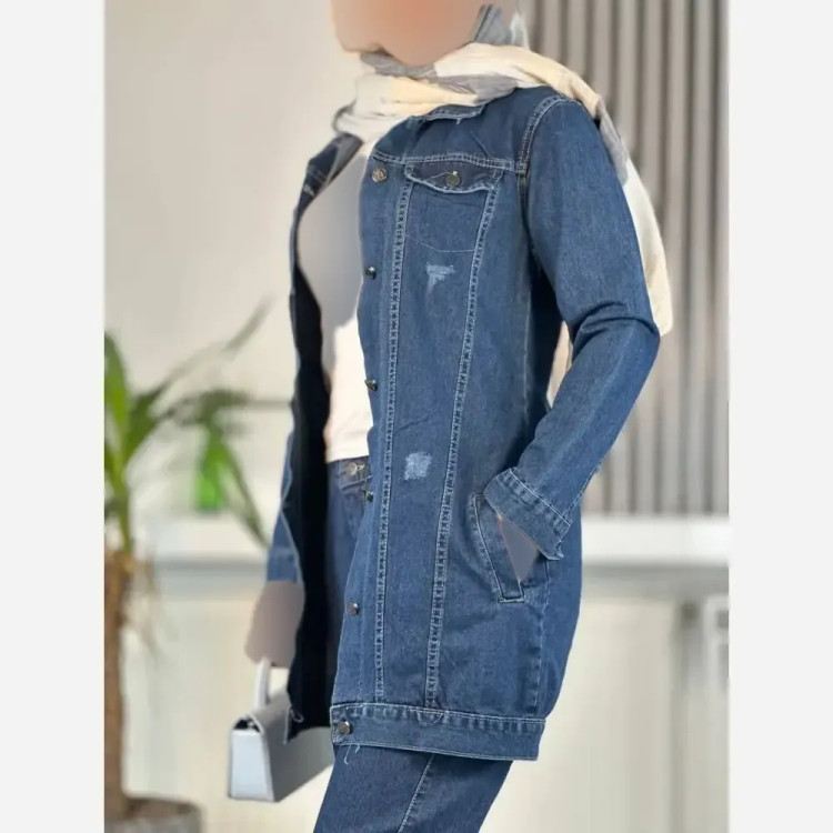 کت جین بلند زنانه ضخیم سنگشور شده