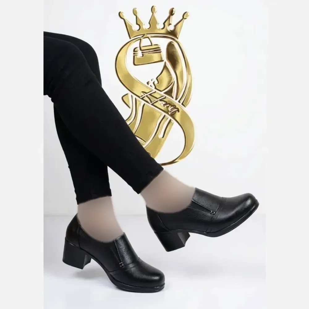 کفش طبی زنانه چرم صنعتی مدل میترا رنگ مشکی پاشنه پنج سانت