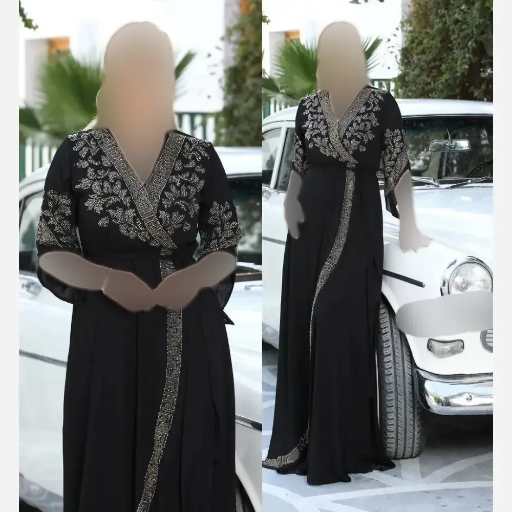 پیراهن مجلسی زنانه حریر نگین دار قد 160 رنگ سبز مشکی سایز بزرگ