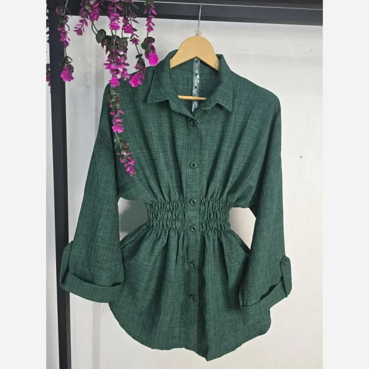 مانتو آنا کمرکش شانتون سوفیا فری سایز سبز کرم قد 78
