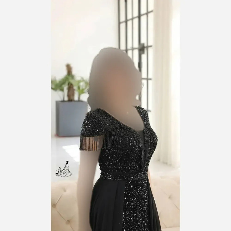 لباس مجلسی پولک مخمل و تور مشکی بلند کاپدار سایز بزرگ تابان