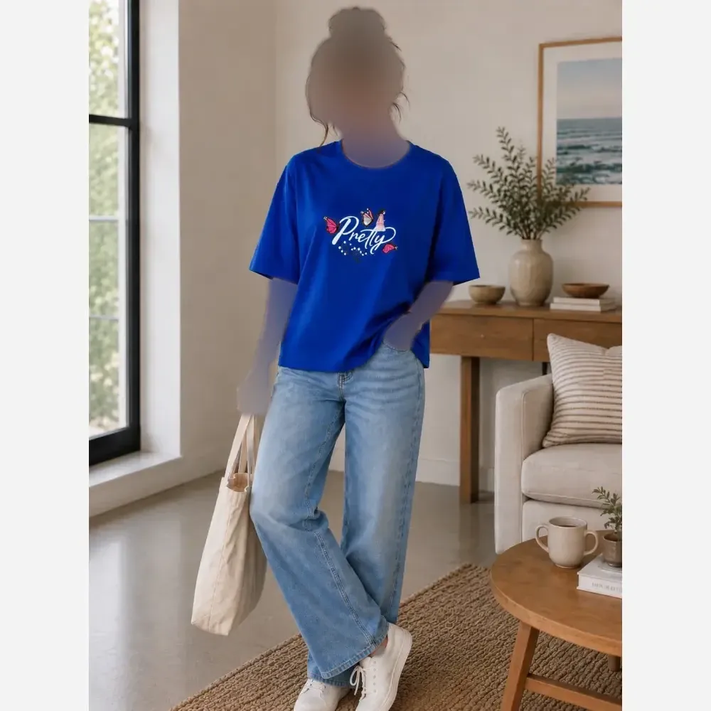 تیشرت باکسی پنبه طرح پروانه فری سایز زنانه