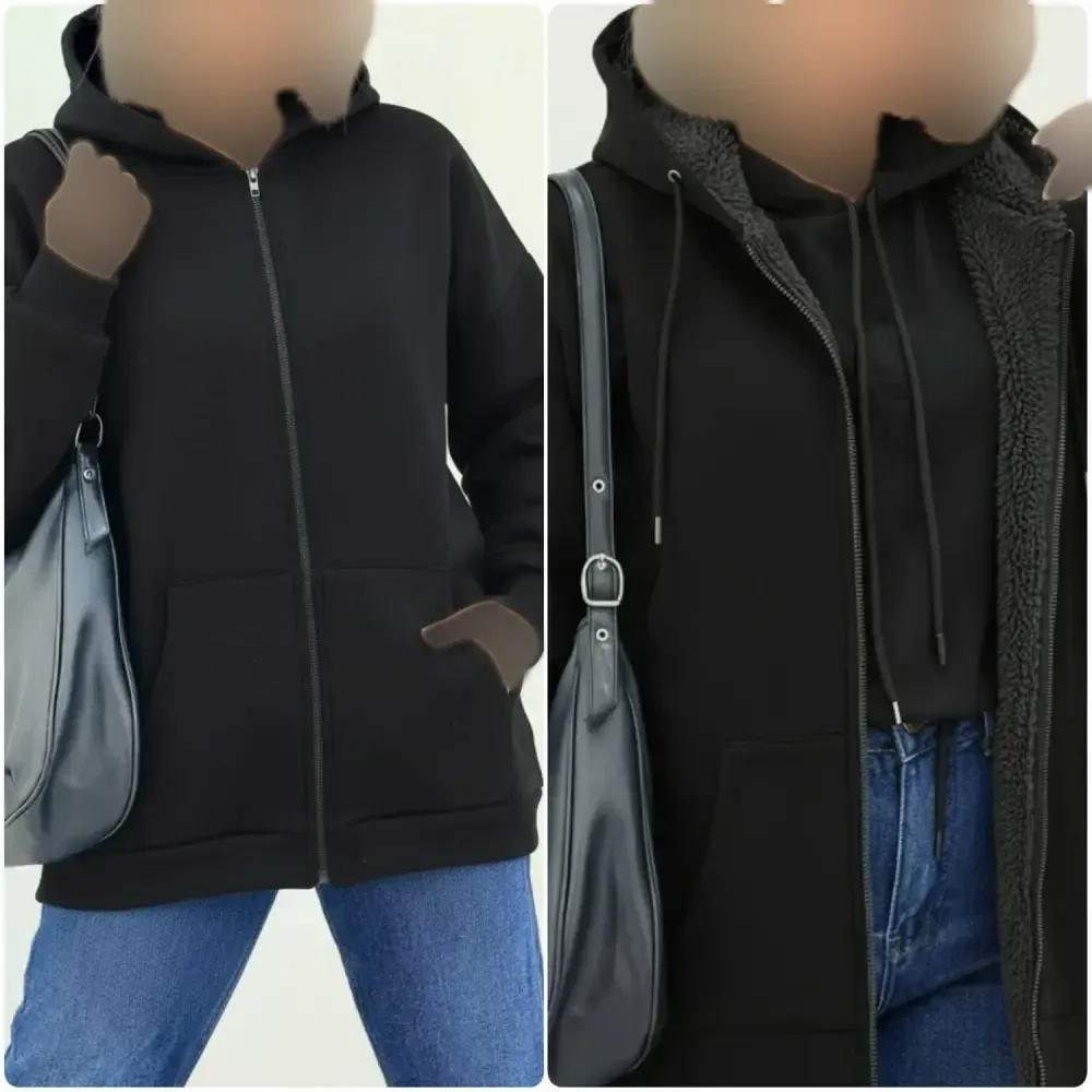 سویشرت جلو زیپ ساده دورس تو کرکی مشکی فری سایز