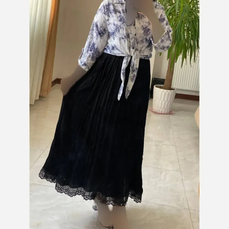 دامن قواره دار چروک زنانه جنس کرپ خاویار فری سایز مشکی