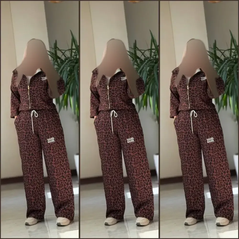 ست سویشرت شلوار پلنگی مازراتی زنانه قهوه ای فری سایز