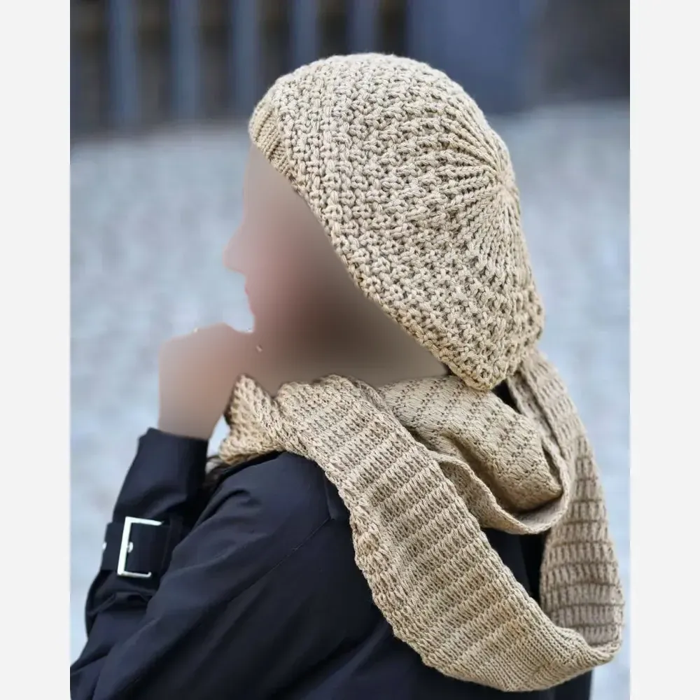 ست شال و کلاه بافت زنانه مدل آرکان رنگ مشکی و طوسی و نسکافه ای