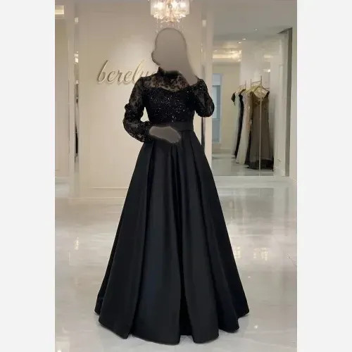 لباس مجلسی زنانه مشکی جنس خرجکار گل برجسته پولk و دامن ساتن آمریکایی سایز 38 تا 48
