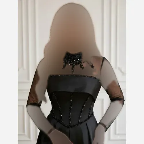 لباس مجلسی زنانه ساتن آمریکایی سنگ دوزی شده و تور مژگان مشکی