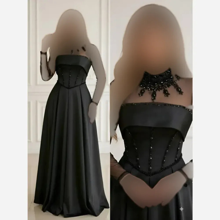 لباس مجلسی زنانه ساتن آمریکایی سنگ دوزی شده و تور مژگان مشکی