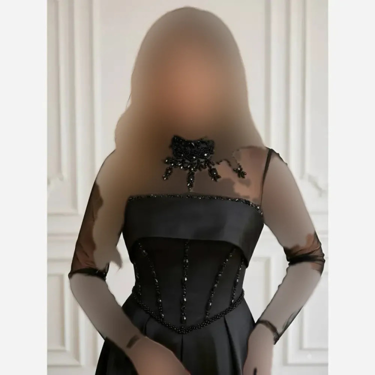 لباس مجلسی زنانه ساتن آمریکایی سنگ دوزی شده و تور مژگان مشکی