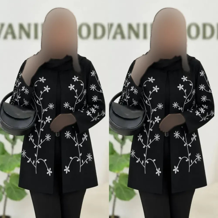 کت زنانه مدل بریانا جنس مازراتی درجه یک مشکی گلدوزی شده فری سایز
