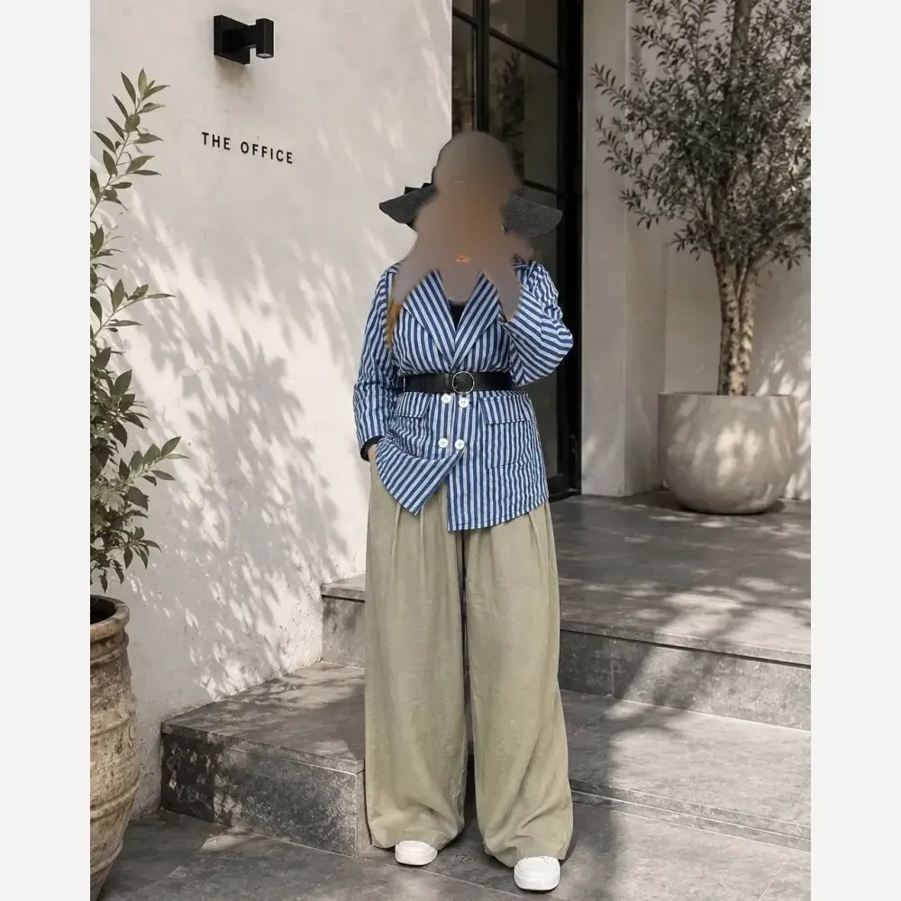 کت تک راه راه زنانه جنس لنین فری سایز رنگ طوسی سرمه ای