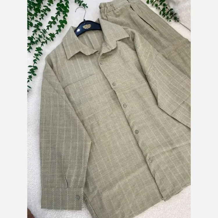 ست تونیک شلوار زنانه شانتون زیپی فری سایز رنگ کرم و سبز