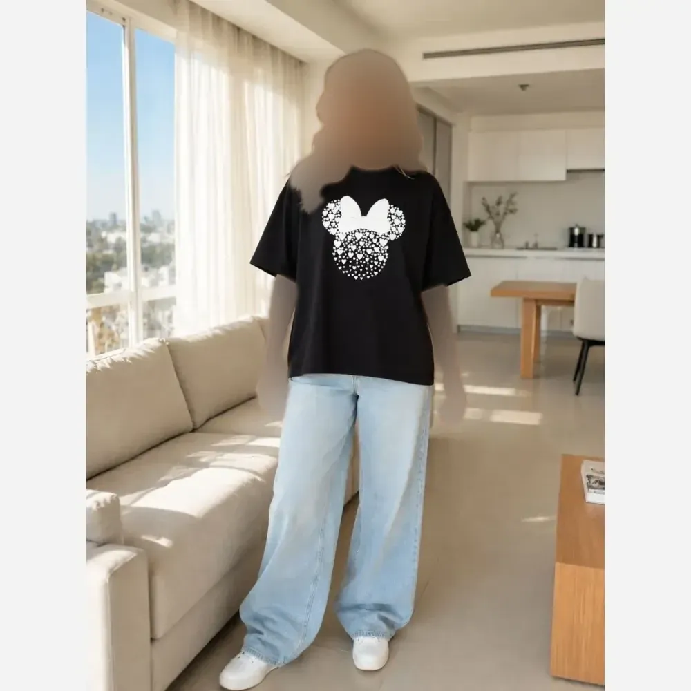 تیشرت باکسی نخ پنبه گلوبال طرح میکی پاپیونی رنگ مشکی سفید و مشکی یاسی فری سایز