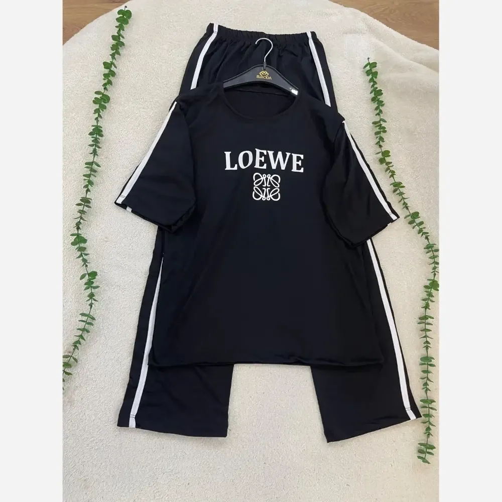 ست تیشرت شلوار زنانه LOEWE جنس سوپر اسپان فول کش رنگ مشکی سایز فری سایز