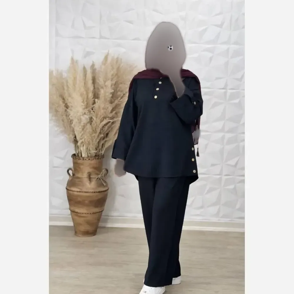 ست تونیک و شلوار شانتون کوک دوزی شده رنگ مشکی فری سایز