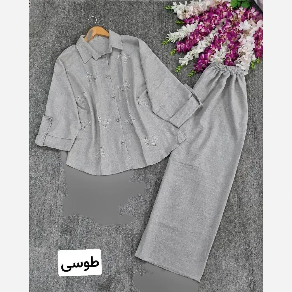 ست شانتون زنانه نگین دار جلو دکمه مدل نازان