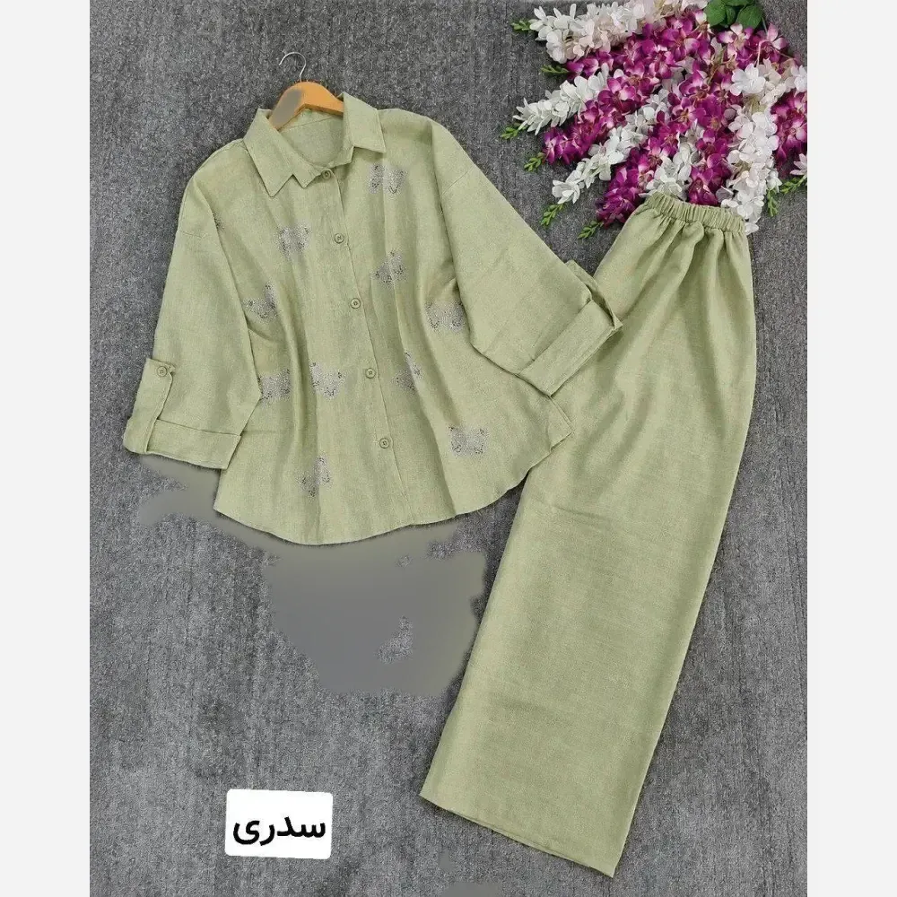ست شانتون زنانه نگین دار جلو دکمه مدل نازان