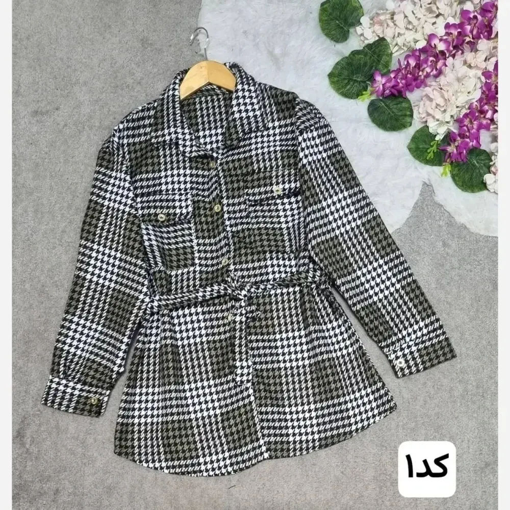 مدل گیسو مانتو چهارخانه پشمی ضخیم فری سایز 36 تا 46 کمربنددار