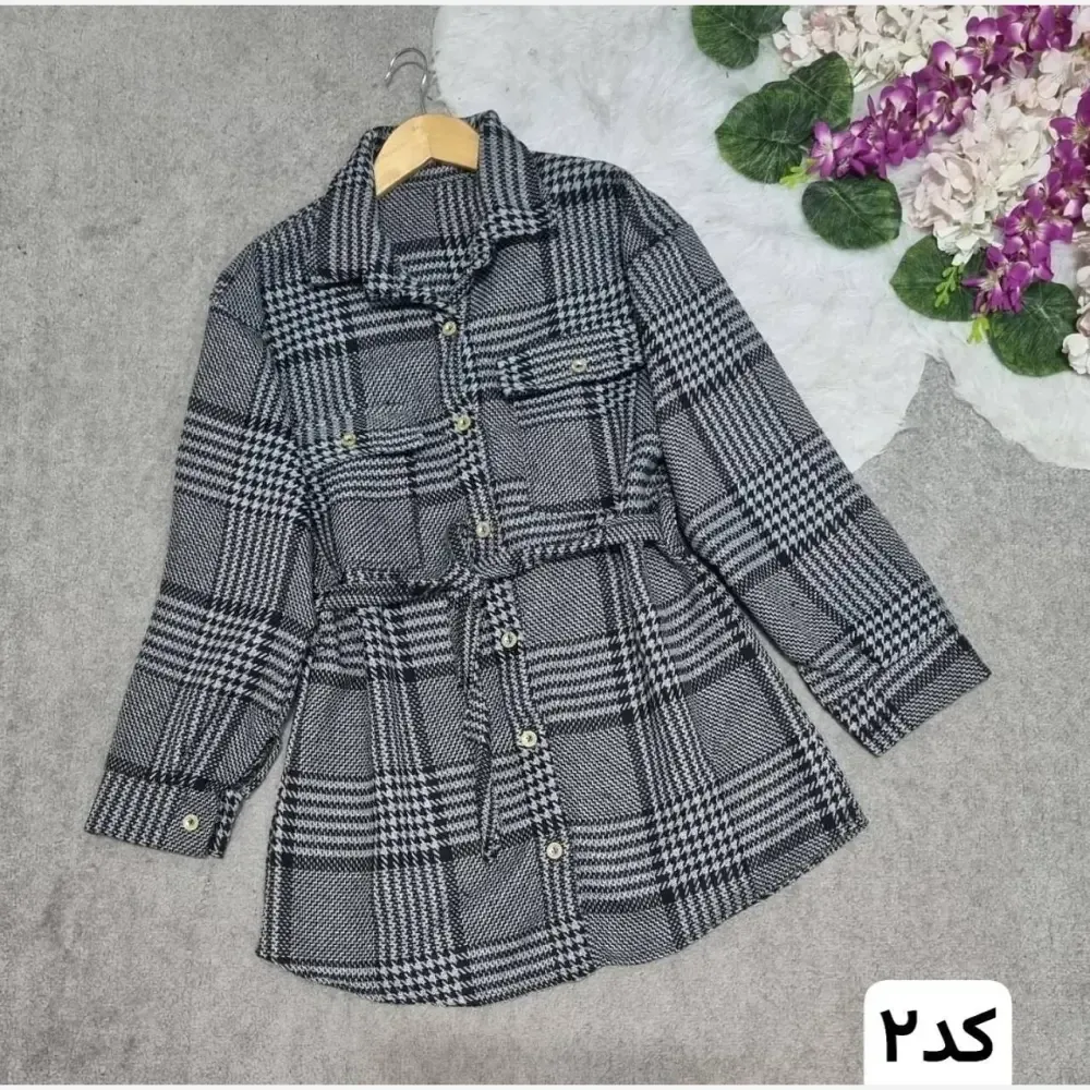 مدل گیسو مانتو چهارخانه پشمی ضخیم فری سایز 36 تا 46 کمربنددار