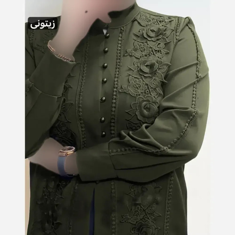 شومیز مزونی شیک و خاص گلبرجسته سایز بزرگ جنس الیزه مصری و گیپور ترک