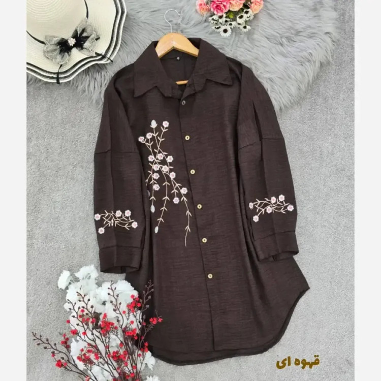 شومیز مانتویی آرتینا گلدوزی شده جنس شانتون در رنگ بندی کرم، نسکافه ای، سبز سدری، سرمه ای، قهوه ای و سایز یک و دو