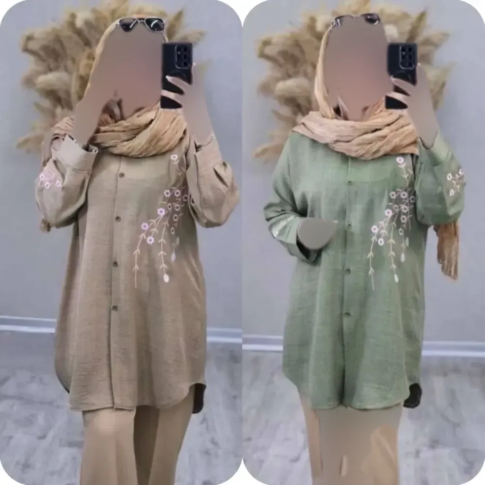 شومیز مانتویی آرتینا گلدوزی شده جنس شانتون در رنگ بندی کرم، نسکافه ای، سبز سدری، سرمه ای، قهوه ای و سایز یک و دو