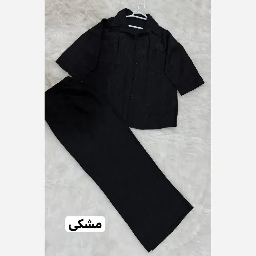 ست شومیز و شلوار طرح موج جنس شانتون کسمه ژاکارد فری سایز رنگ مشکی کرم آبی سبز