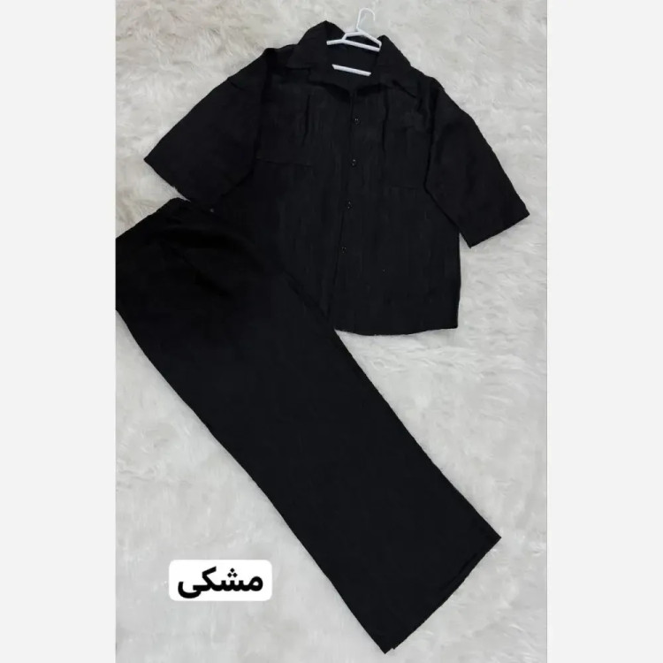 ست شومیز و شلوار طرح موج جنس شانتون کسمه ژاکارد فری سایز رنگ مشکی کرم آبی سبز
