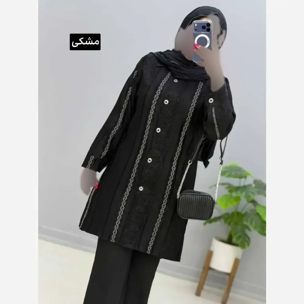 مانتو بلند آیات زنانه ژاکارد مشکی سایزبندی 46 تا 52 قد 90