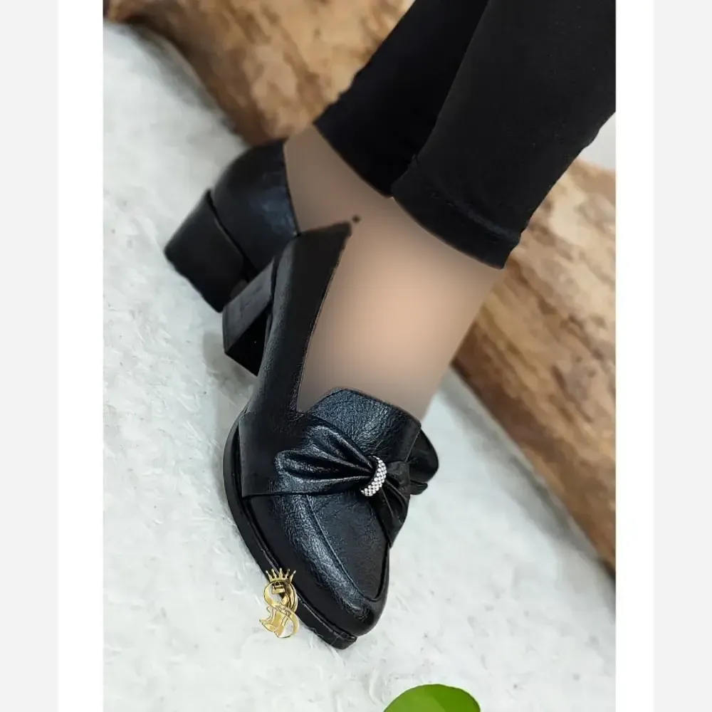 کفش طبی مجلسی زنانه چرم مشکی پاپیون پاشنه 5 سانت سایز 37 تا 40
