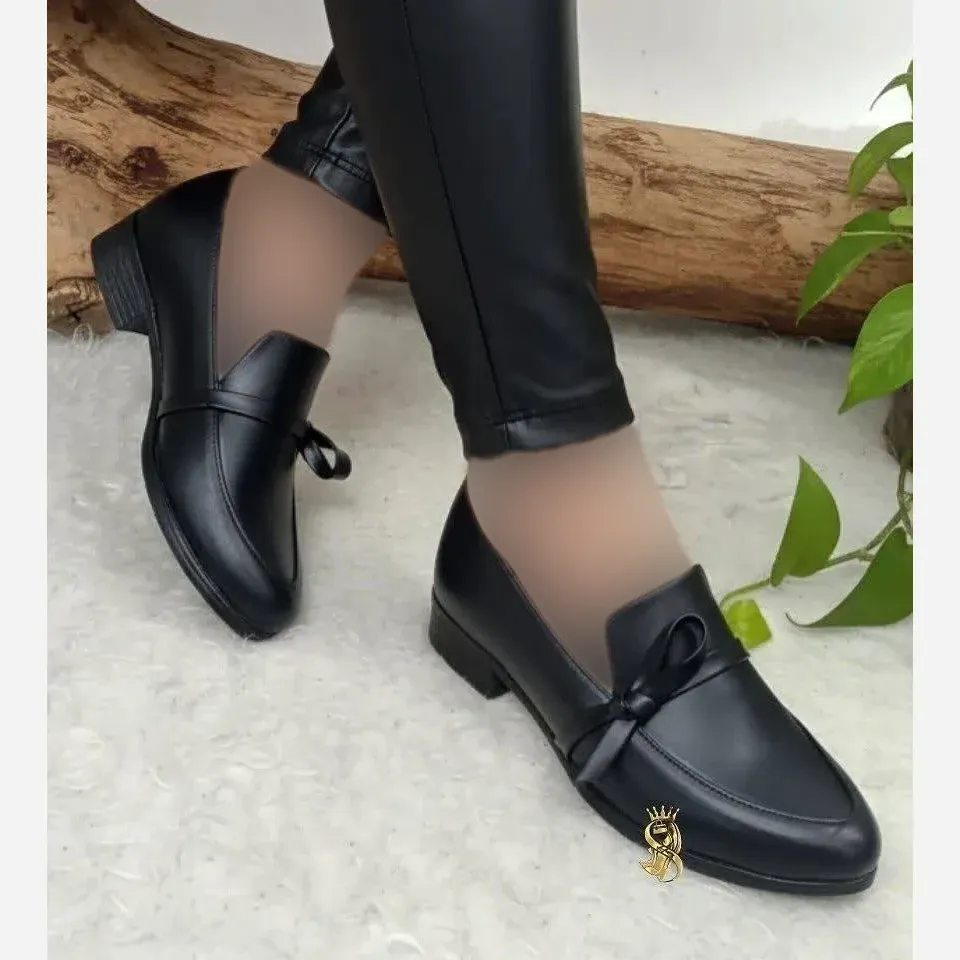 کفش کالج طبی زنانه مدل گره ای رویه چرم مشکی سایز 37 تا 39