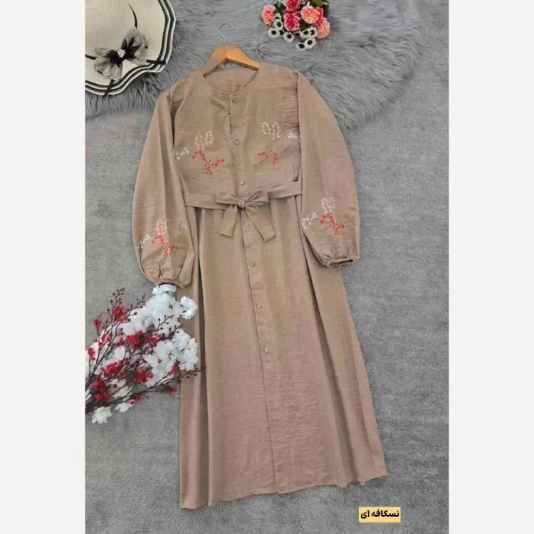 پیراهن گلدوزی نگار شانتون با گلدوزی بالا تنه و سر آستین فری سایز