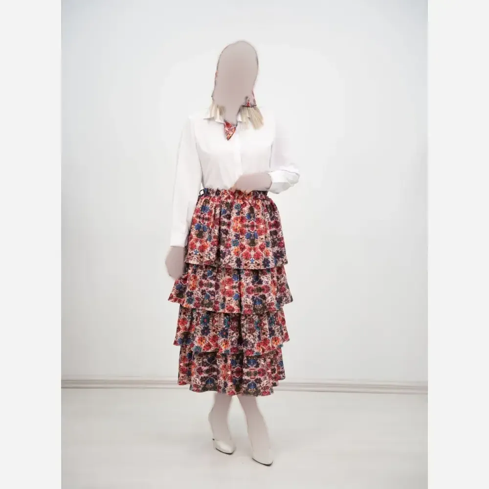 ست دامن طبقه ای و اسکارف مازراتی اعلا فری سایز 36 تا 48 قد دامن 82 ابعاد اسکارف 70×70