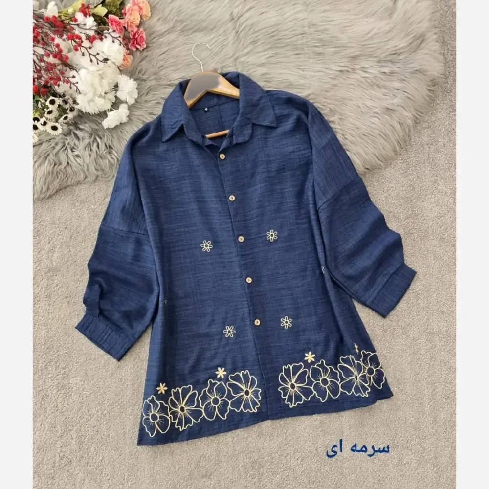 شومیز مانتویی مهگل شانتون گلدوزی شده قد 75 در رنگبندی متنوع